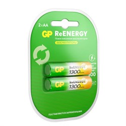 Батарейки аккумуляторные GP ReEnergy Ni-Mh пальчиковые КОМПЛЕКТ 2 шт., AA (HR6), 1300 mAh, 130AAHCRGY, 130AAHCRGY-2CRC - фото 14999057