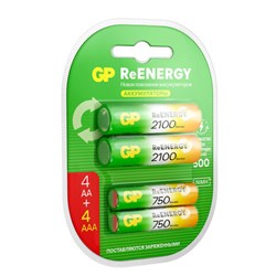 Батарейки аккумуляторные GP ReEnergy Ni-Mh НАБОР 8 шт. (ПРОМО 4+4), AA+ААА (HR6+HR03), 2000 mAh + 750 mAh, 210AAHC/75AAAHC - фото 14999060