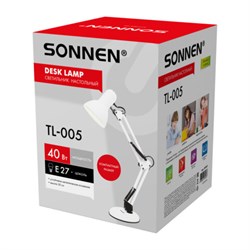 Настольная лампа-светильник SONNEN TL-005, подставка, 40 Вт, Е27, белый, высота 50 см, 237647 - фото 15003272