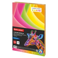 Бумага цветная BRAUBERG, А4, 75 г/м2, 100 л. (5 цветов х 20 листов), НЕОН, для офисной техники, 116667 - фото 15015233