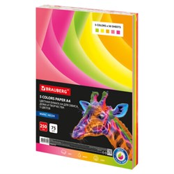Бумага цветная BRAUBERG, А4, 75 г/м2, 250 л. (5 цветов х 50 листов), НЕОН, для офисной техники, 116668 - фото 15015234