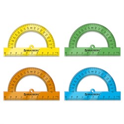 Транспортир пластиковый 10 см, 180 градусов, BRAUBERG, прозрачный, неоновый, ассорти, 210847 - фото 15032741