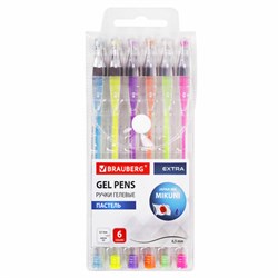 Ручки гелевые ПАСТЕЛЬ BRAUBERG "EXTRA", НАБОР 6 ЦВЕТОВ, узел 0,7 мм, линия 0,5 мм, 143910 - фото 15042165