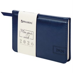 Еженедельник датированный 2026, МАЛЫЙ ФОРМАТ 95х155 мм, А6, BRAUBERG "Imperial", под кожу, синий, 117187 - фото 15054334