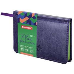 Еженедельник датированный 2026, МАЛЫЙ ФОРМАТ 95х155 мм, А6, BRAUBERG "Rainbow", под кожу, сиреневый, 117191 - фото 15054338