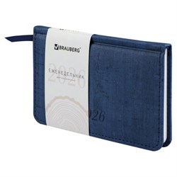 Еженедельник датированный 2026 МАЛЫЙ ФОРМАТ 95х155 мм, А6, BRAUBERG "Wood", под кожу, синий, 117195 - фото 15054342