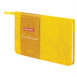 Еженедельник датированный 2026 МАЛЫЙ ФОРМАТ 95х155 мм, А6, BRAUBERG "Foliage", под кожу, желтый, 117200 - фото 15054347