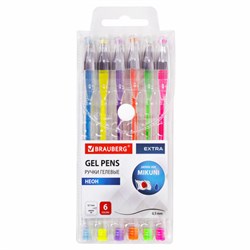 Ручки гелевые НЕОН BRAUBERG "EXTRA", НАБОР 6 ЦВЕТОВ, узел 0,7 мм, линия 0,5 мм, 143911 - фото 15054789