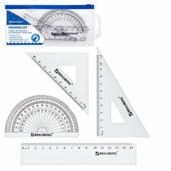 Набор чертежный малый BRAUBERG (линейка 15 см, 2 угольника, транспортир), конверт на молнии, 210306 - фото 15055135