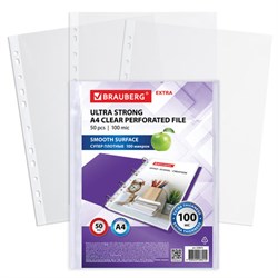 Папки-файлы перфорированные А4 BRAUBERG "EXTRA 1000", КОМПЛЕКТ 50 шт., гладкие, ПЛОТНЫЕ, 100 мкм, 229672 - фото 15055477