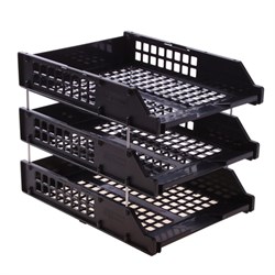 Лотки горизонтальные для бумаг, НАБОР 3 шт. (340х260х240 мм), на металлических стержнях, черные, "Strong", ЛТГ-63795 - фото 15055611