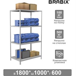 Стеллаж металлический BRABIX "MS KD-180/60-4", 1800х1000х600 мм), 4 полки, компактная упаковка, 291117, S240BR146402 - фото 15056273