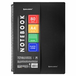 Тетрадь обложка пластик, А4, 80 л., спираль пластик, клетка, BRAUBERG "Metropolis", черный, 404742 - фото 15057803