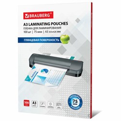 Пленки-заготовки для ламинирования БОЛЬШОГО ФОРМАТА, А3, КОМПЛЕКТ 100 шт., 75 мкм, BRAUBERG, 530894 - фото 15058435