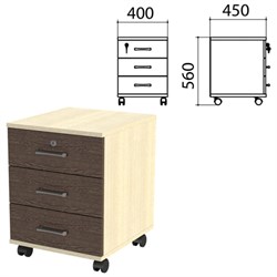 Тумба подкатная "Канц", 400х450х560 мм, 3 ящика, замок, цвет дуб молочный/венге (КОМПЛЕКТ) - фото 15061208