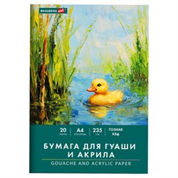 Бумага для гуаши и акрила А4 20 л., 235 г/м2, 210х297 мм, в папке, BRAUBERG ART CLASSIC, "Уточка", 117732 - фото 15097526