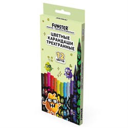 Карандаши цветные FUNSTER (ФАНСТЕР) МОНСТРИКИ, 12 цветов, черный корпус с принтом, трехгранные, 182065 - фото 15131577