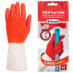 Перчатки МНОГОРАЗОВЫЕ латексные БИКОЛОР ПРОЧНЫЕ, бело-красные, размер 7-8, M (средний), вес 70 г, Komfi, ADM, 25813 - фото 15140301