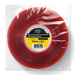 Монтажная прозрачная суперпрочная двухсторонняя лента 10 мм х 5 м, акриловая, толщина 1 мм, WBZ (ВБЗ), 700423 - фото 15150939