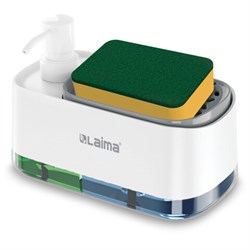 Диспенсер/дозатор DUET для мыла и моющего средства + губка, БЕЛЫЙ, 11х20х12 см, LAIMA HOME, 700043 - фото 15166792