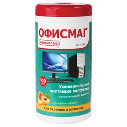 Салфетки для экранов всех типов и пластика ОФИСМАГ с ароматом "АБРИКОС", туба 100 шт., влажные, 511690 - фото 15175318