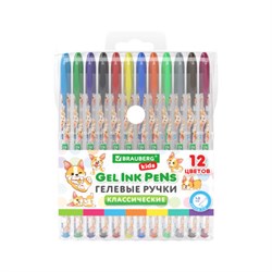 Ручки гелевые КЛАССИЧЕСКИЕ BRAUBERG KIDS "CUTE ANIMALS", НАБОР 12 ЦВЕТОВ, корпус с печатью, узел 1 мм, линия письма 0,7 мм, 144445 - фото 16371101