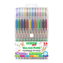 Ручки гелевые BRAUBERG KIDS "CUTE ANIMALS", НАБОР 24 ЦВЕТА, корпус с печатью, узел 1 мм, линия письма 0,7 мм, 144447 - фото 16371103
