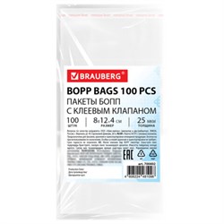 Пакеты БОПП с клеевым клапаном, КОМПЛЕКТ 100 штук, 8х12 + 4 см, 25 мкм, BRAUBERG, 700402 - фото 16475389