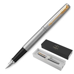 Ручка перьевая PARKER "Jotter Stainless Steel GT", корпус серебристый, позолота, синяя, 2030948 - фото 16562261