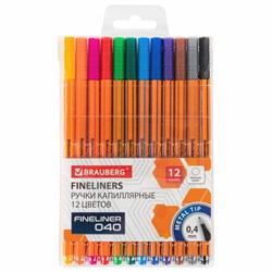 Ручки капиллярные (линеры) 12 ЦВЕТОВ, BRAUBERG "FINE 040", шестигранные, линия 0,4 мм, 144143 - фото 16562327