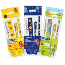 Набор канцелярский №2 (ручка шариковая, карандаш чернографитный, ластик, линейка, точилка), BRAUBERG, ассорти, 144255 - фото 16562344