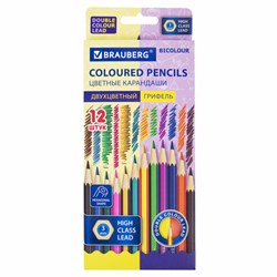 Карандаши с двухцветным грифелем BRAUBERG BICOLOUR, 12 штук, 24 цвета, шестигранные, грифель 3 мм, натуральное дерево, 181855 - фото 16562612