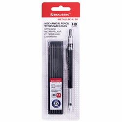 Карандаш механический цанговый 2 мм + грифели HB 12 штук на блистере, BRAUBERG "METALLIC-X 20", металлические детали, 181967 - фото 16562626