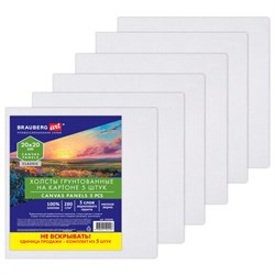 Холсты на картоне НАБОР 5 штук (20х20 см), хлопок, 280 г/м2, грунт, BRAUBERG ART CLASSIC, 192650 - фото 16562740