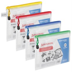 Папка-конверт на молнии МАЛЫЙ ФОРМАТ (238х180 мм) А5, молния ассорти, ПВХ, прозрачная, BRAUBERG "Segment", 223887 - фото 16562920