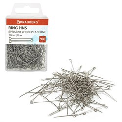 Булавки универсальные с головками-петельками BRAUBERG, 30 мм, 500 штук, в пластиковой коробке, 271319 - фото 16563600
