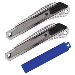 Нож канцелярский 18 мм, КОМПЛЕКТ 2 штуки + 10 ЛЕЗВИЙ, BRAUBERG Metallic, металлический корпус, 273929 - фото 16564059