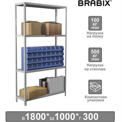 Стеллаж металлический BRABIX "MS KD-180/30-4", 1800х1000х300 мм, 4 полки, сборная стойка, 291114, S240BR143402 - фото 16564230