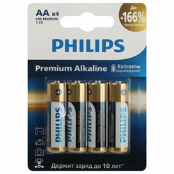 Батарейки алкалиновые "пальчиковые" КОМПЛЕКТ 4 шт., PHILIPS Premium Alkaline, АА (LR6, 24А), блистер, Б0062753 - фото 16566142