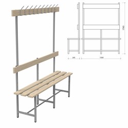 Скамья с вешалкой, спинкой "СВТ 5", 1765х1500х395 мм, 10 крючков, регулируемые опоры, каркас металлический серый, сиденье дерево - фото 16566645