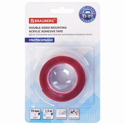 Монтажная прозрачная суперпрочная двухсторонняя лента 19 мм х 1,5 м, акриловая, 1 мм, BRAUBERG, 606423 - фото 16567323