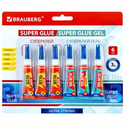 Клей-Гель моментальный 3 шт. по 3 г + Суперклей 3 шт. по 3 г, НАБОР 6 тюбиков, BRAUBERG EXTRA, 608108 - фото 16567445