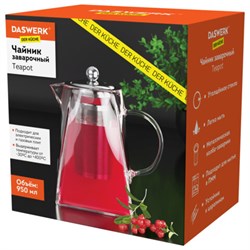Чайник заварочный 950 мл, жаропрочное стекло, металлическая колба-заварник, DASWERK (ДАСВЕРК), 608647 - фото 16567533