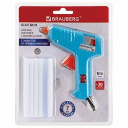 Клеевой пистолет 15 Вт для стержня 7 мм, комплект 20 стержней (10 белых + 10 прозрачных), BRAUBERG, 671052 - фото 16568777