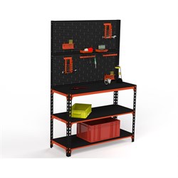 Стол-верстак ООО Металекс 950x1600x600 мм, две полки, двойная перфопанель с комплектом аксессуаров, оранжево-чёрный - фото 16932424