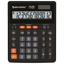 Калькулятор настольный BRAUBERG AAA-888 (202x159 мм), 12 разрядов, ЧЕРНЫЙ, двойное питание, 273981 - фото 17000947
