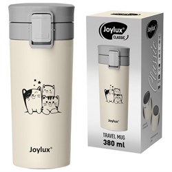 Термокружка 380 мл JOYLUX (ДЖОЙЛЮКС) CLASSIC CAT, нержавеющая сталь SUS304, бежевый с принтом, 700272 - фото 17006698
