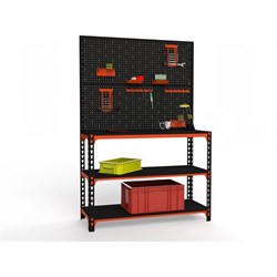 Стол-верстак ООО Металекс 950x1700x500 мм, две полки + двойная перфопанель с комплектом аксессуаров оранжево-чёрный - фото 17210822