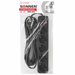 Сетевой фильтр SONNEN SPB-505, 5 розеток с заземлением, выключатель, 10 А, 5 м, черный, 513658 - фото 17240894