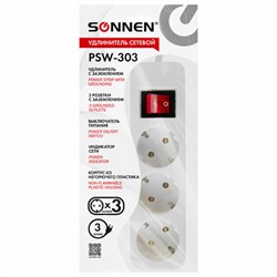 Удлинитель сетевой SONNEN PSW-303, 3 розетки c заземлением, выключатель 10 А, 3 м, белый, 513660 - фото 17240896